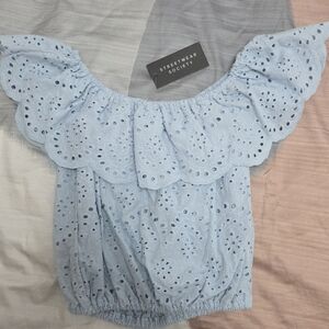 Streetwear Society Sky Blue Eyelet Ruffle Blouse